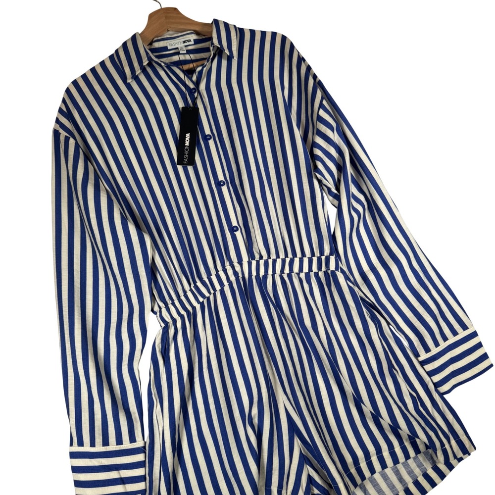 Fashion Nova Callie Striped Romper Blue White Long Sleeve Button‎ Front Medium
